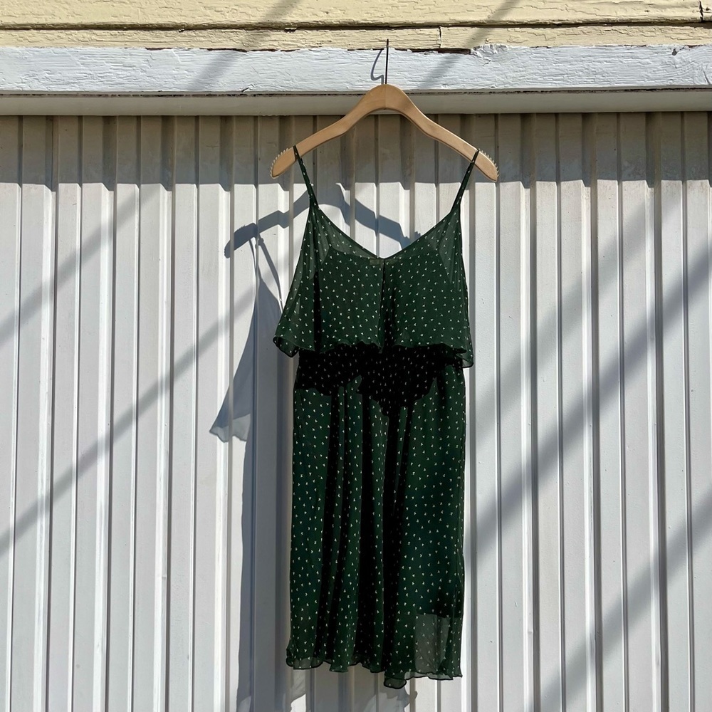 Gold Hawk green floral sheer silk ruffle sleeveless mini dress